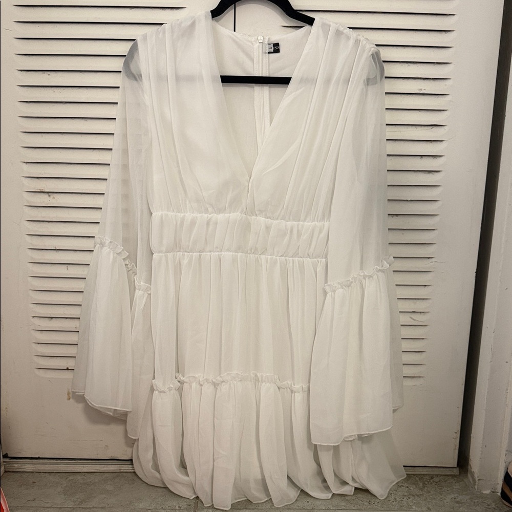 Elegant White Long Sleeve Mini Dress #044